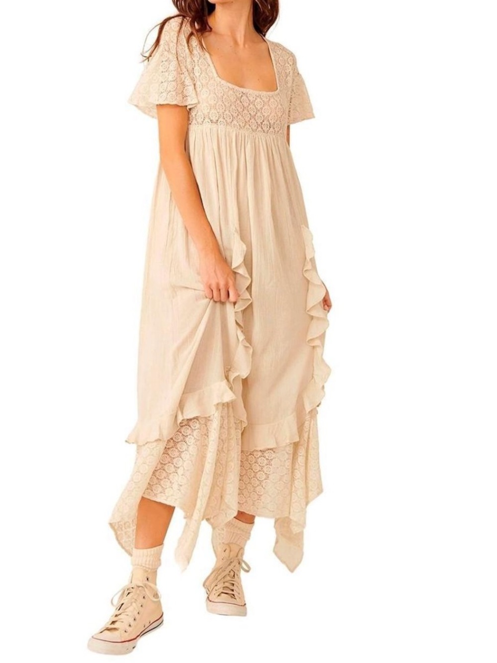 Free People Lace Yoke Ruffle Pocket Maxi Dress — Cream